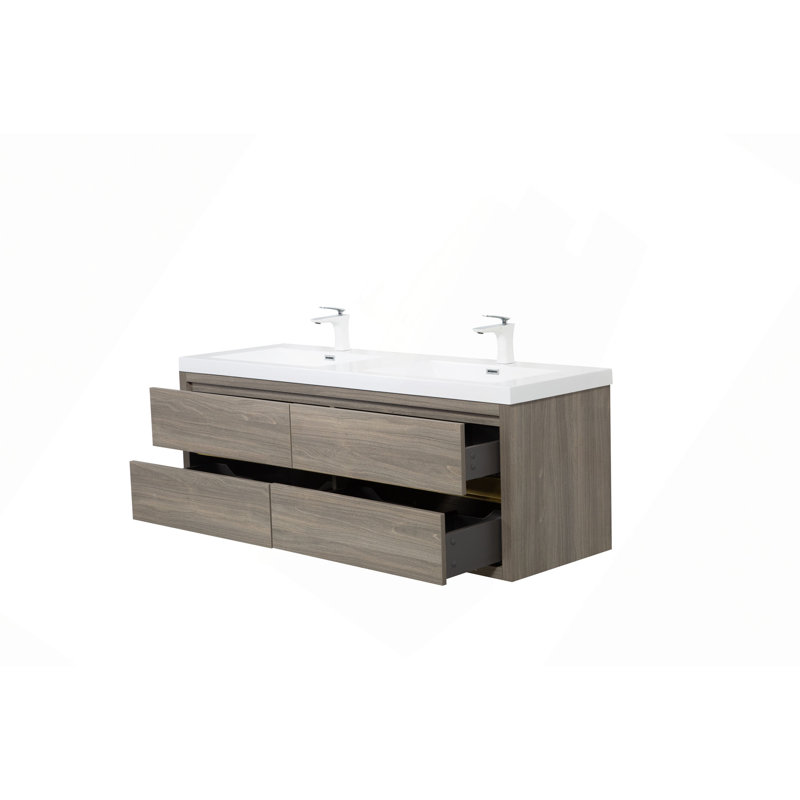 Meuble-lavabo mural de 60 po avec lavabos doubles, armoire de rangement flottante avec comptoir en résine de pierre et tiroirs à fermeture en douceur entièrement assemblés