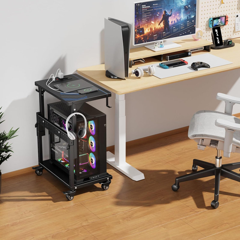Support pour ordinateur avec prise de courant et ports USB, chariot à unité centrale de traitement à roulettes réglable en hauteur à 6 niveaux avec roues verrouillables, support pour ordinateur portable à 2 niveaux pour l'organisation sous le bureau
