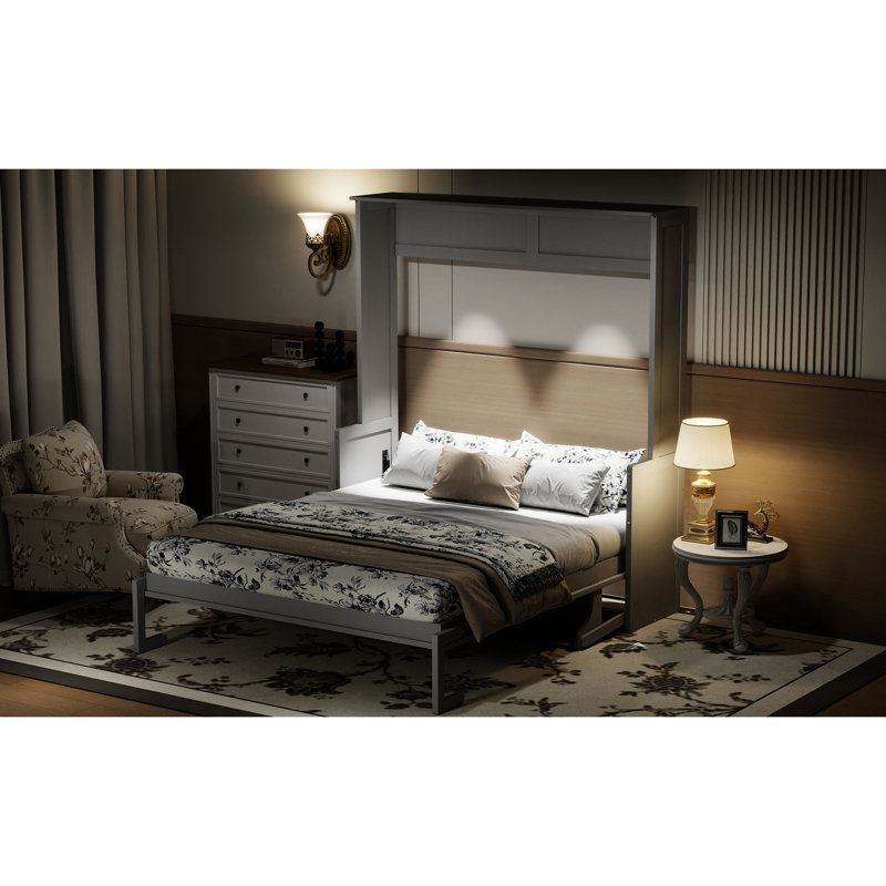 Grand lit avec bureau, gris, lumières à DEL, charge, mur peu encombrant pour le bureau à domicile, lattes de qualité, double titre de piston