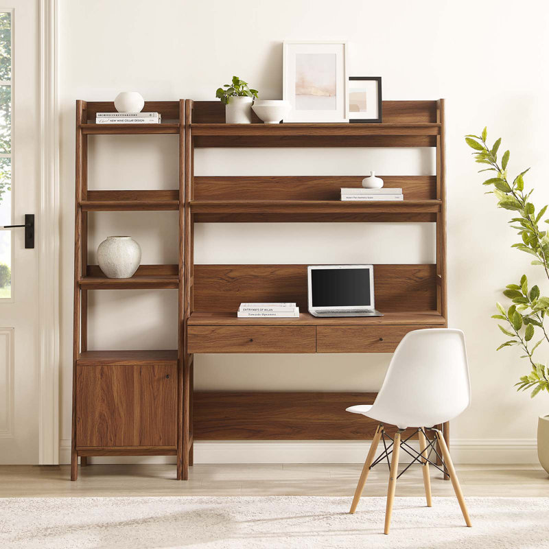 Modway Bixby 2-Piece Wood Office Desk and Bookshelf, Walnut