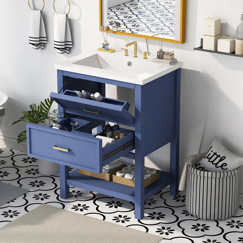 Meuble-lavabo avec lavabo supérieur, meuble-lavabo moderne avec 2 tiroirs, meuble-lavabo simple, Bleu