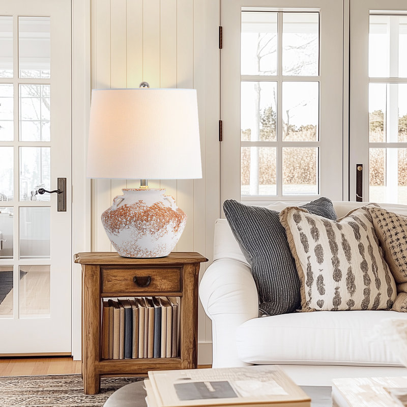 Petite lampe de table de style campagnard 20 po en céramique, jaune et blanc