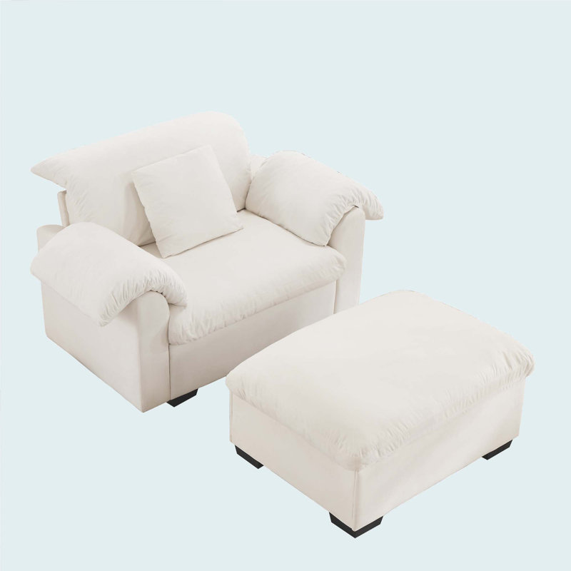 Upholstered Deep Seat Sofa With Fluffy Armrest Pillows And Backrest,Velvet Fabric Single Accent Chair With Ottoman, Both Seat And Ottoman Has Storage Space,Reading Accent Chair Set   Bed