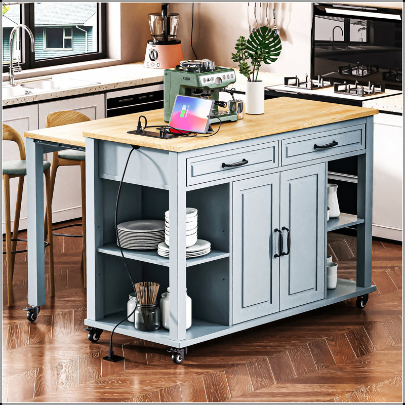 47 Inch Extendable Kitchen Island With Storage, Power Outlet, And Mobile Design For Modern Kitchens, Blue Gray