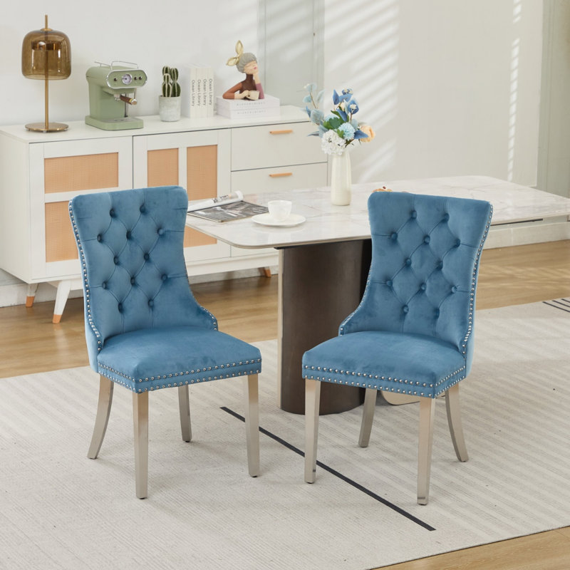 Ensemble de chaises de salle à manger haut de gamme en velours capitonné avec pieds chromés, Bleu clair, Bleu clair