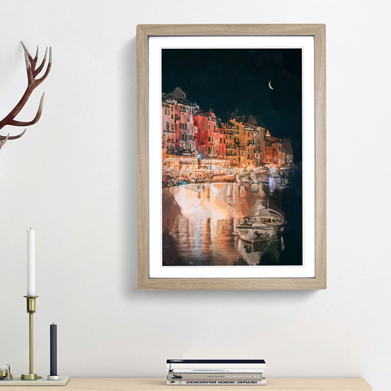 Boat in an Italian Port in Abstract - Picture Frame Painting Print, Oak Framed, 65cm H x 48cm W x 2cm D
