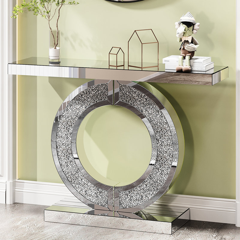 Console moderne en forme de O, objets artisanaux en cristal pour chambre à coucher, miroir argenté, double base, bords polis à la main, finition brillante, montage facile, profondeur 107,6 cm, largeur 30,4 cm, hauteur 81,4 cm, poids 17 kg