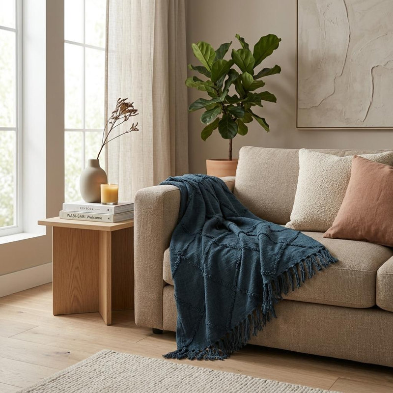 Jeté 100% coton tissé bleu sarcelle