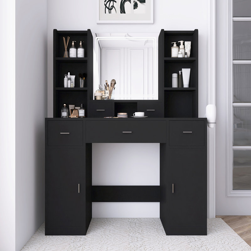 La coiffeuse avec miroir à DEL équipé d'un support pour sèche-cheveux et d'un pansement, Noir
