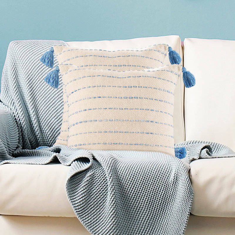  Coussin décoratif à pampilles, Bleu denim / ivoire