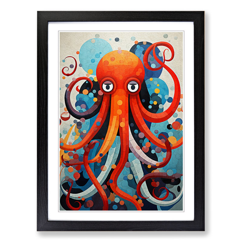 Octopus Constructivism - Single Picture Frame Print on Wood, Black, 46cm H x 34cm W x 2cm D