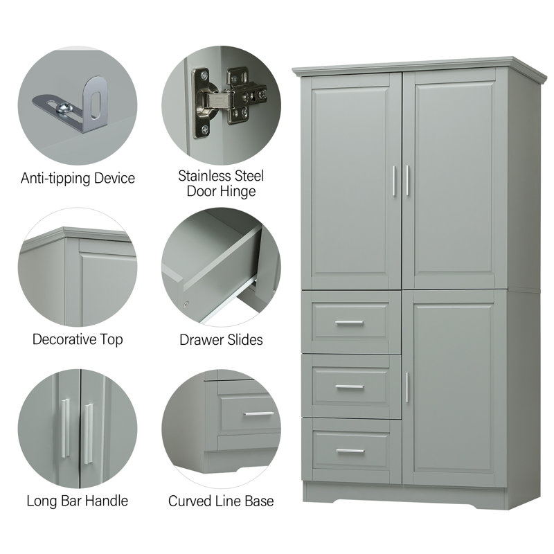 Armoire de rangement de salle de bain avec 3 portes et 3 tiroirs? - Rangement en MDF de 32,6 po de largeur, tablette réglable et quincaillerie en métal pour les serviettes et le rangement des articles de toilette