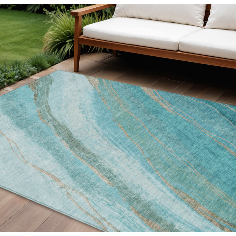 Tapis intérieur/extérieur lavable, motif turquoise et taupe abstrait, 3 m x 4,2 m