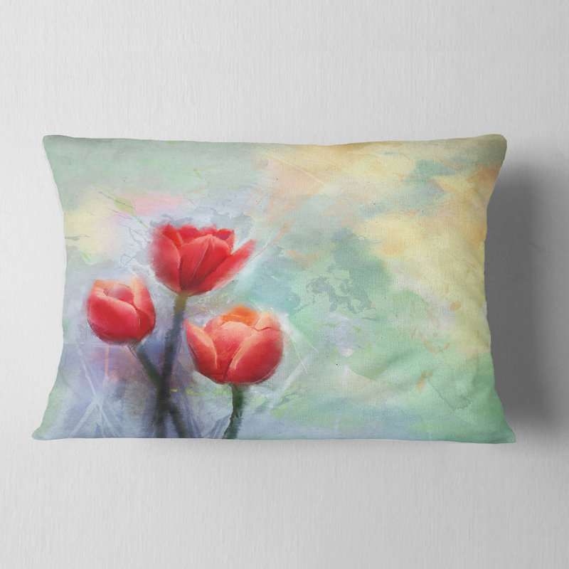 Coussins décoratifs à imprimé floral tulipes rouges sur fond bleu clair, 12 po x 20 po, Rectangle