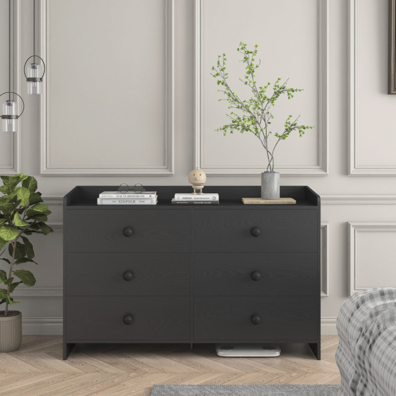 Commode noire à tiroirs, commode à 6 tiroirs avec rangement large, armoire contemporaine à 6 tiroirs, commode pour le couloir du salon