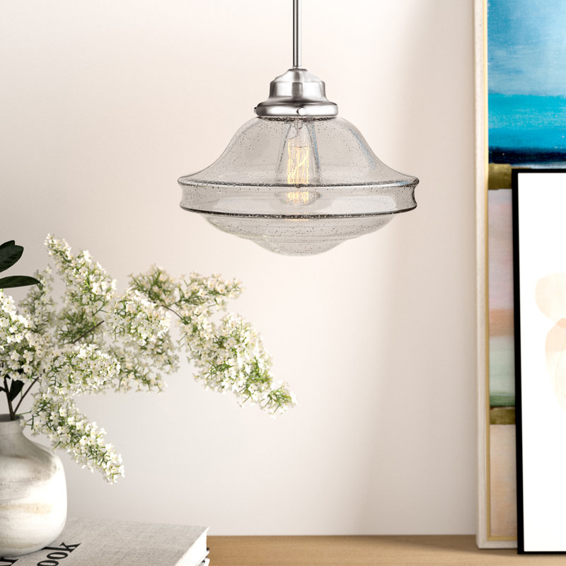 Owen 1 - Light Single Pendant, Clear Seed Glass, Satin Nickel, 11.75'' H x 12'' W x 12'' D