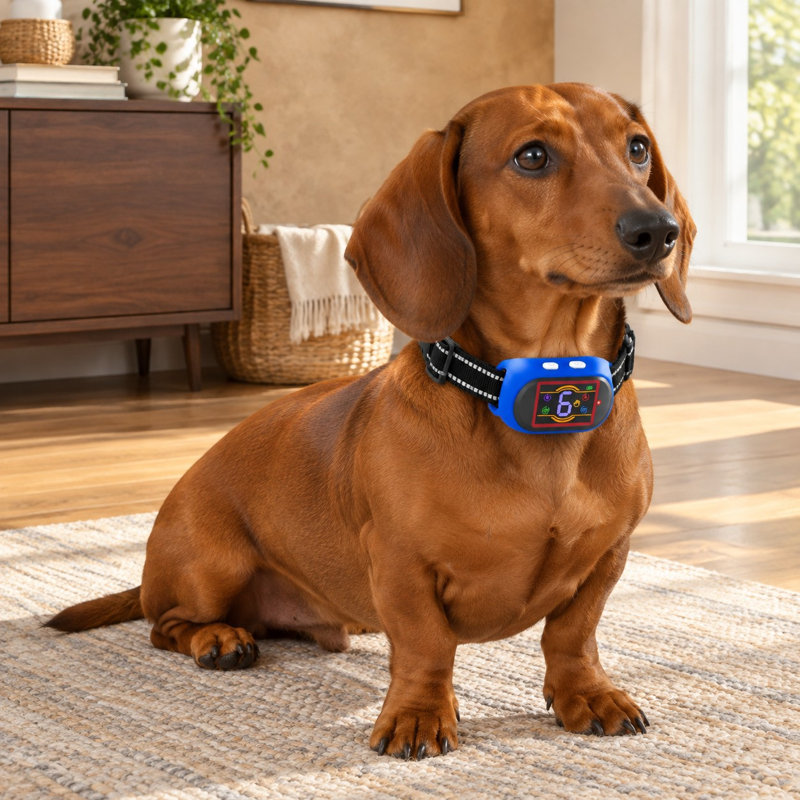 Donnez des repères d'entraînement grâce à votre propre voix enregistrée en utilisant ce collier de contrôle d'écorce intelligent bleu marine rechargeable. Il convient aux petits, moyens et grands chiens et offre 6 réglages de sensibilité et 4 modes d'entraînement sans cruauté.