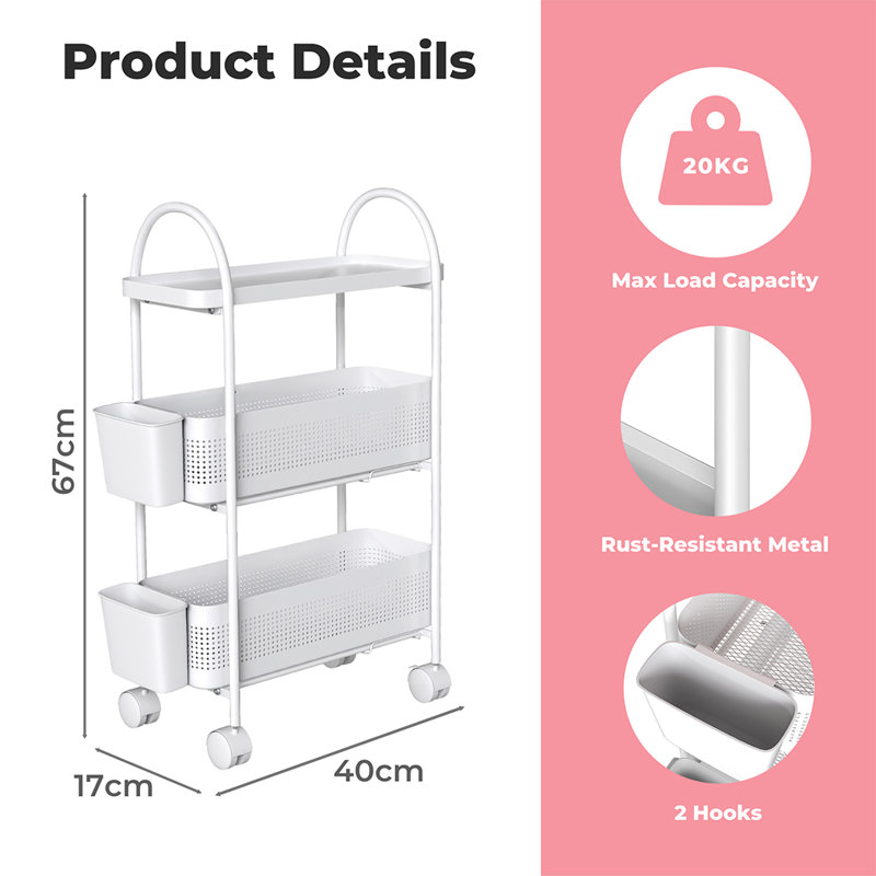 67cm H x 17cm W Cart with Wheels, White