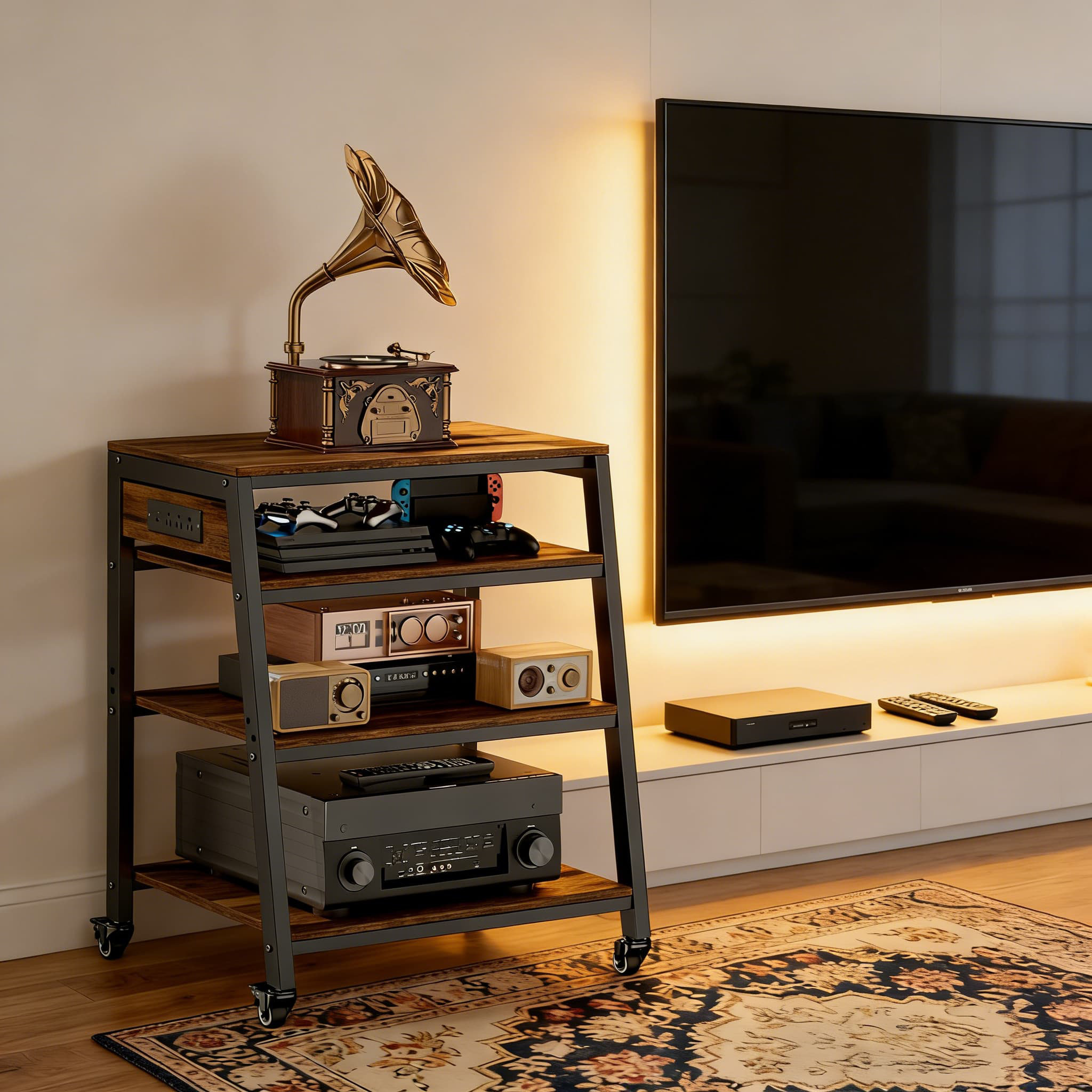 17 Stories 4-Tier AV Media Stand With Built-In Power Strip And ...