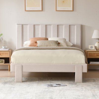 Modern Velvet Upholstered Platform Bed Frame with High Headboard, Vertical Channel Tufted Slatted Base, No Box Spring Required
