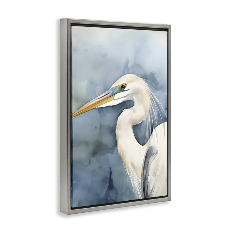 Oiseau de plage sur toile bleue encadrée par Petal Prints Design, H 31 po x l 21 po, Cadre flottant gris lustré