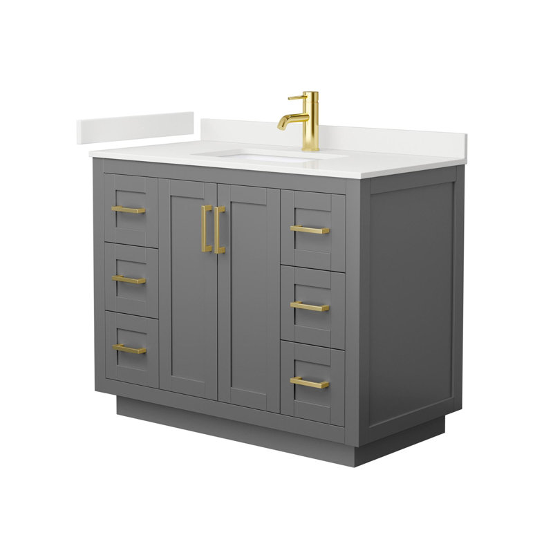 Meuble-lavabo simple autoportant 42 po avec plateau en quartz Miranda, Quartz blanc, Gris foncé, Or brossé