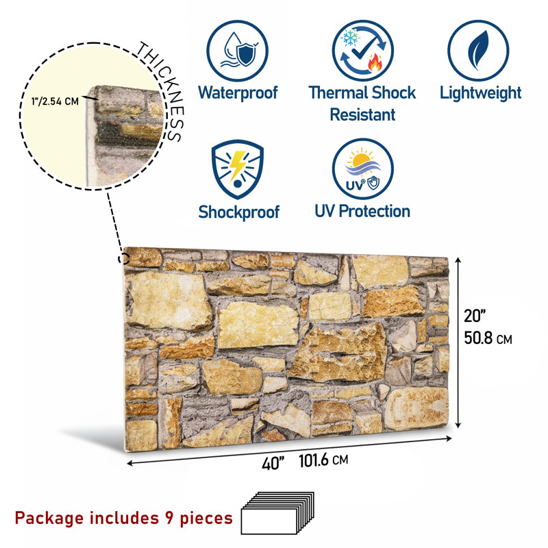 3D Faux Stone Wall Panels, Lightweight Foam Decorative Wall Cladding for Interior Accent Walls, Easy to Install, Water-Resistant & Insulated, Set of 9 (Covers 48 Sq Ft)