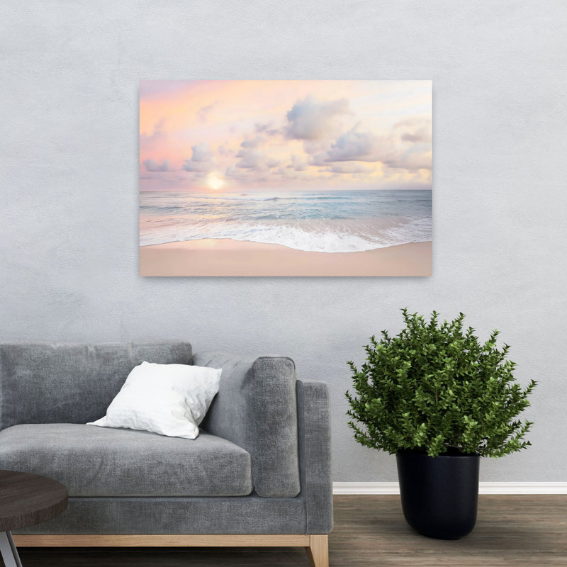 Art mural contemporain plage nuageux et coucher de soleil, H 32 po x l 48 po