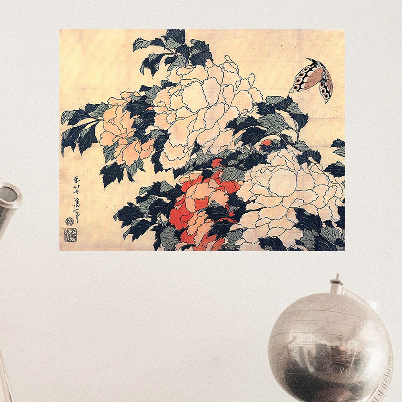 Adhésif mural pivoines et papillon, H 22 po x l 28 po