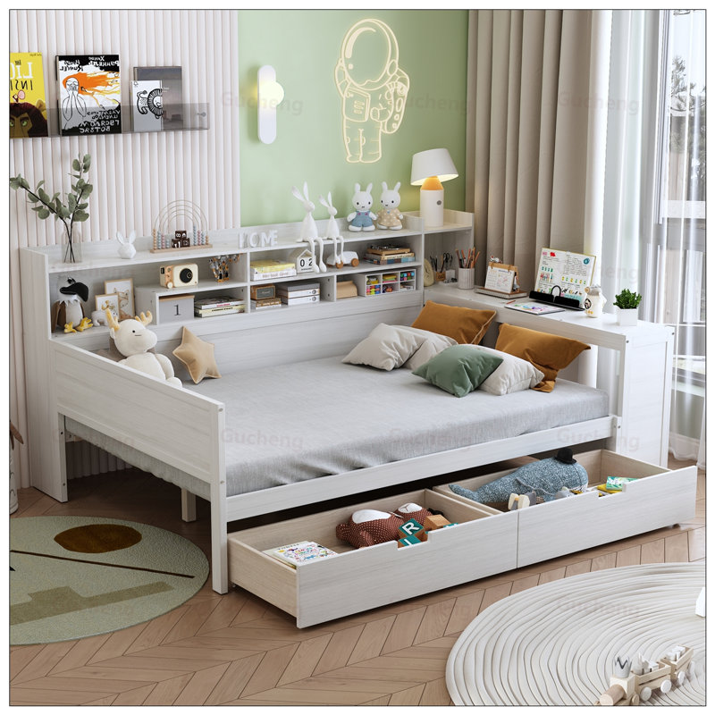 Multifunctional Wood Daybed with Drawers, Shelves, and Built-in Desk for Space-Saving and Productivity, White