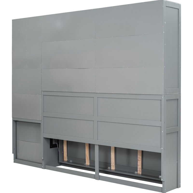 Mur gris avec lit simple avec garde-robe, tiroirs et bureau