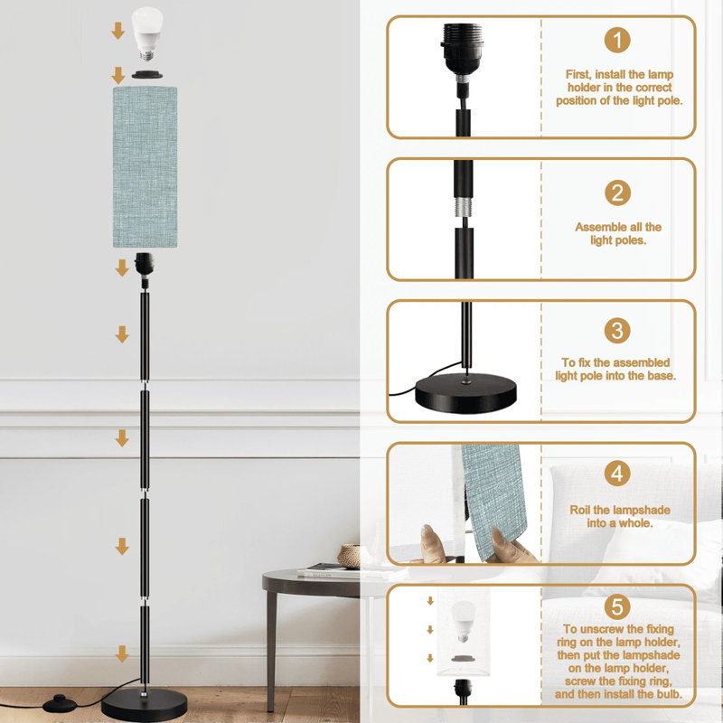 Lampe sur pied en tissu vert clair doux et turquoise, tissé lisse, minimaliste, à intensité variable, avec télécommande et interrupteur au pied. Abat-jour haut, idéal pour le salon, la chambre à coucher ou le bureau.