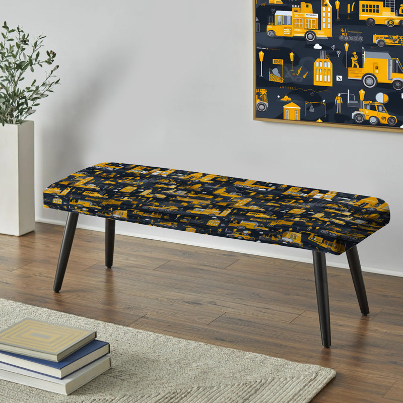 Yellow Busy Construction Zone For Kids Bedroom - Kids Bedroom Upholstered Black Bench