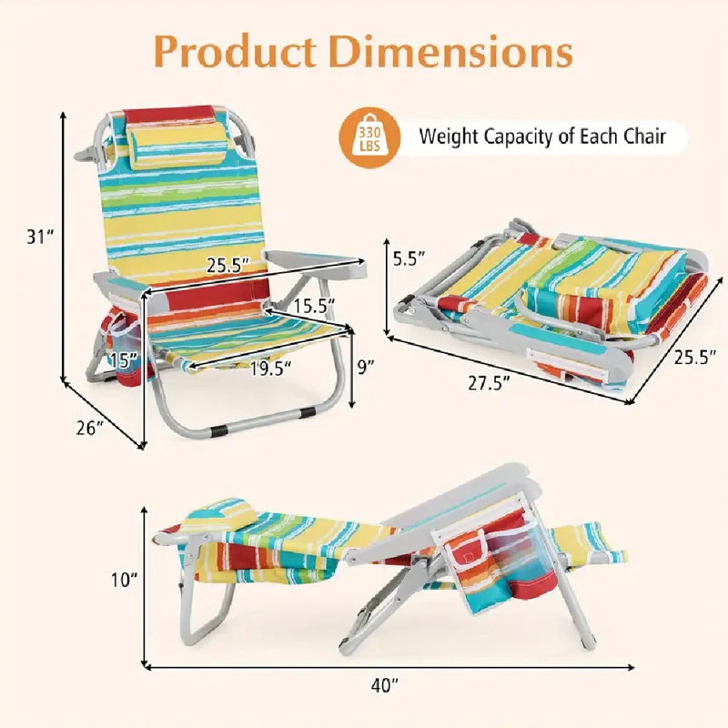 2 pièces Chaise de plage pliante en aluminium avec sac de rangement