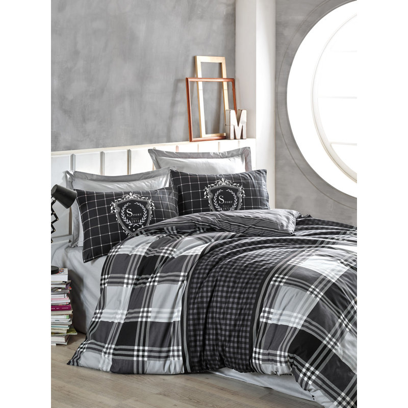 Ensemble de housse de couette 100% coton 3 pièces Lorenz, Anthracite / blanc / noir