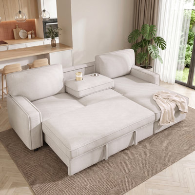 Upholstered Chenille Sofa Bed Pull Out Sleeper Sectional Couch with Reversible Storage Chaise , USB Ports, Cup Holders