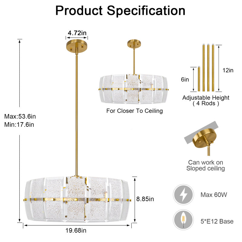 Khyryn Modern 5 Lights Drum Crystal Chandelier, Gold
