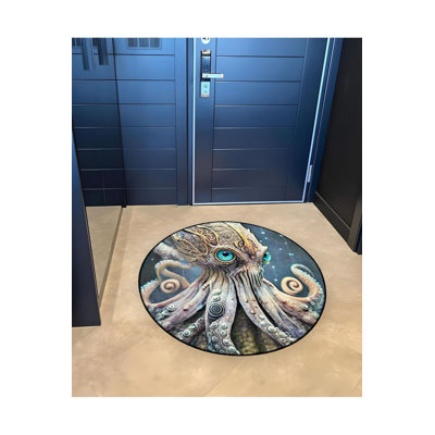 Round Blue Eyed Octopus Patterned Woven Base Modern Decorative Machine Washable Rug