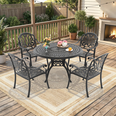 Ensemble de salle à manger d'extérieur rond 4 personnes 47,24 po avec trou pour parasol, 4 chaises empilables, coussins bruns