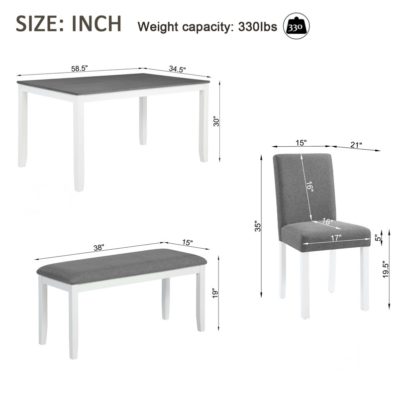 Ensemble de salle à manger 6 pièces avec banc et chaises, table en bois, bicolore gris et blanc, pour cuisine et salle à manger, 6 couverts