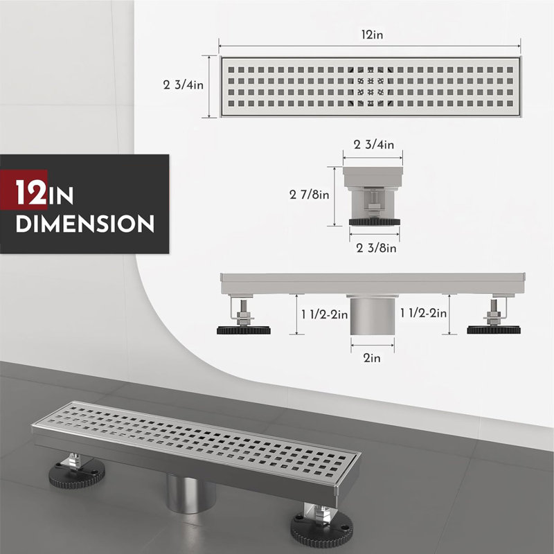 12-Inch Linear Shower Drain, Square Hole Pattern Grate, Chrome