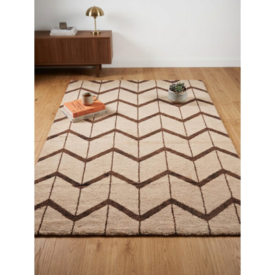 Beige | Tapis d'intérieur brun à motif géométrique 100% laine fabriqué à la main