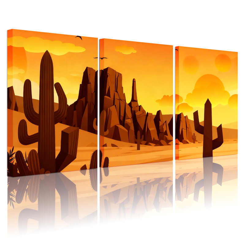 Cactus, paysage désertique, montagnes de cactus, coucher de soleil, réflexions, ensemble de 3 impressions sur toile