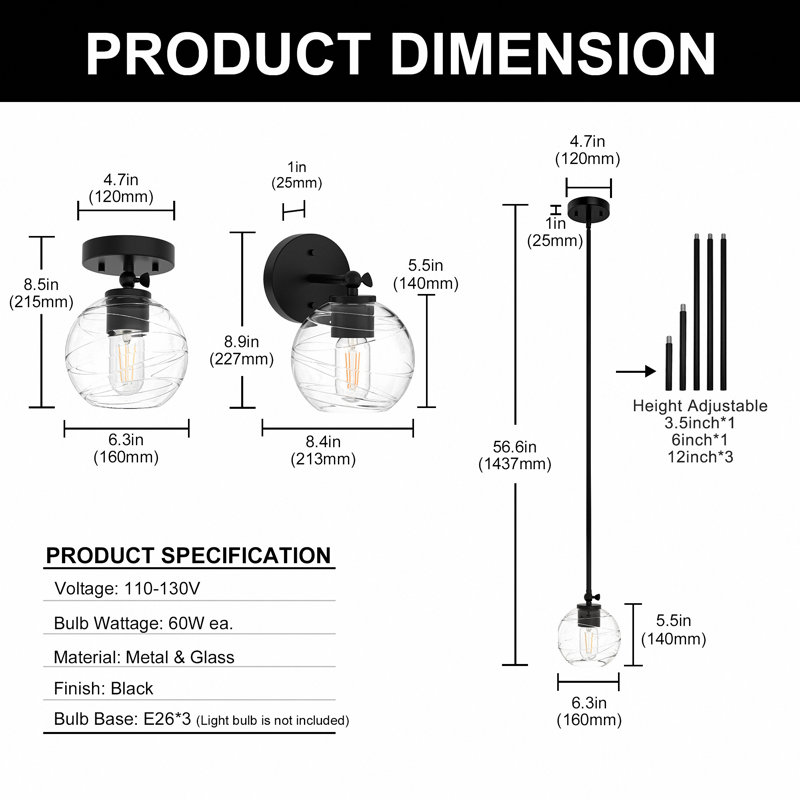 Luminaire suspendu encastré 1 lumière Tappen (paquet de 3)