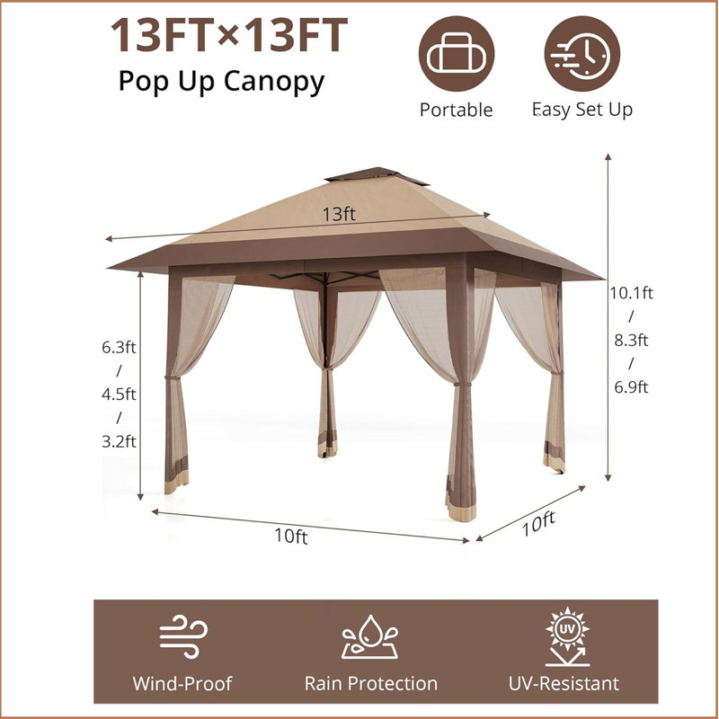 13X13 Pop Up Gazebo, Outdoor Canopy Tent With Mosquito Netting, [Adjustable Height & Spacious] Pop Up Tent With Double Roof, Uv-Resistant Outdoor Gazebo For Backyard, Patio, Lawn, Garden, Deck(Gray)