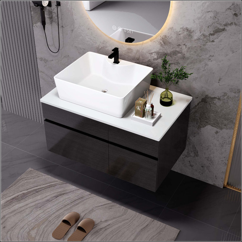Petit meuble-lavabo mural 31,5 "avec lavabo vasque, Black