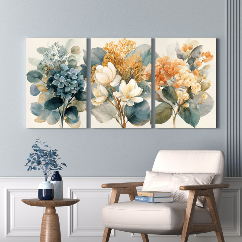 Ensemble de 3 tableaux muraux sur toile de style aquarelle, motif de bouquet floral, H 18 po x l 36 po