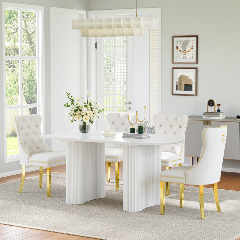 55" Oval Dining Table Set Of 5, Modern Minimalist Cream White Double Base Dining Table, 4 White Velvet Dining Chairs With Gold Stainless Steel Legs, Nailhead Trim