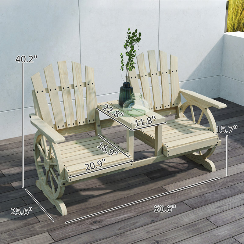 Banc de jardin en bois avec table, trou pour parasol, banc d'extérieur à roulettes 2 places, dossier haut, accoudoirs pour la cour, patio