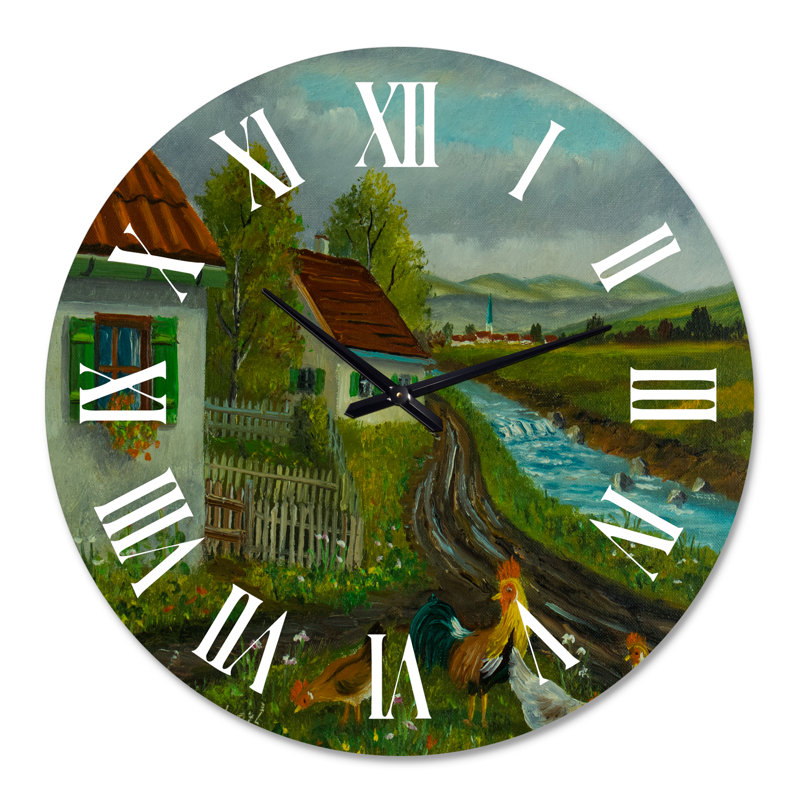 Trois poulets et un coq dans un pré avec des fleurs - horloge murale de ferme, Surdimensionné